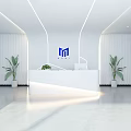 Modern Minimalist Reception Desk with Logo on Background Wall Vertical Striped Walls and Green Plants