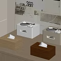 Beige White Light Wood And Dark Brown Tissue Boxes On Table With Poster 3d model