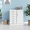 White Bookcase With Drawers And Doors Alongside Woven Baskets Green Plant Light Blue Wall