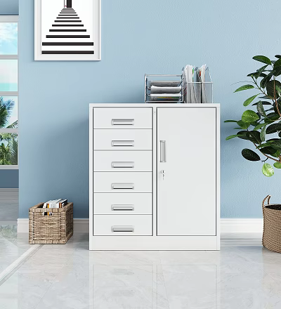 White Bookcase With Drawers And Doors Alongside Woven Baskets Green Plant Light Blue Wall 3d model