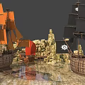 Realistic Micro Terrain Model With Sand Rocks Ship And Lighthouse Elements
