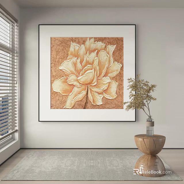Botanical Painting of Yellow Peony in Black Frame with Brown Background for Interior Decor 3d model 