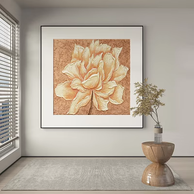 Botanical Painting of Yellow Peony in Black Frame with Brown Background for Interior Decor 3d model
