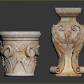 Two Decorative Stone Columns With Ornate Scroll Carvings And Grape Motifs 3d model