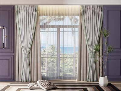 Gray Striped Curtains With White Sheer Panels By Purple Walls Ocean View And Green Plants 3d model
