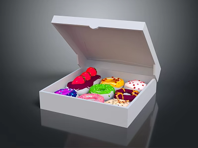 Open White Box With Colorful Desserts Including Strawberries Cream And Cupcakes 3d model
