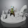 Frog with a bow and arrow standing among rocks and plants