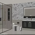 Modern Bathroom Interior With Black White Floral Bird Wallpaper Glass Shower And Black Vanity Cabinet