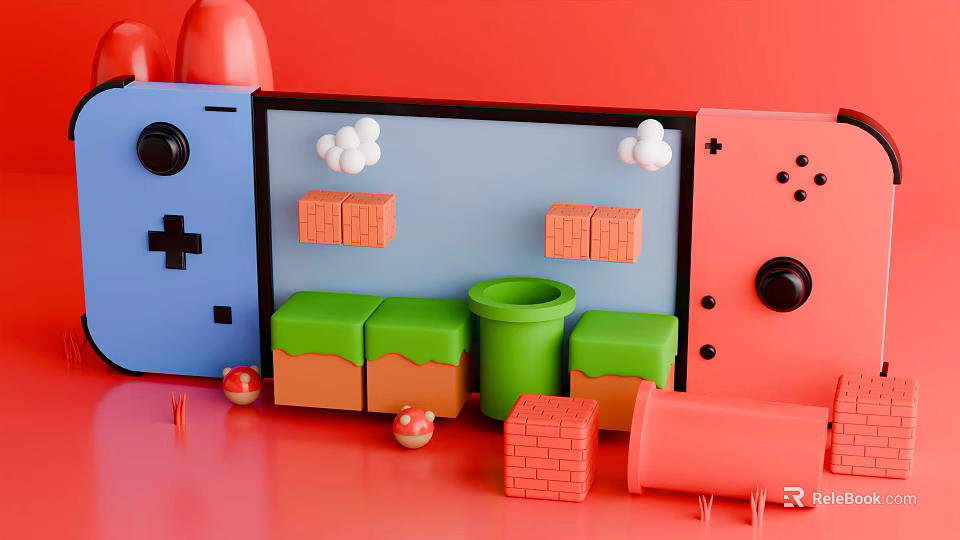 Electric Toys with Blue Pink Controllers Bricks Mushrooms and Green Bucket for Kids Play 3d model 