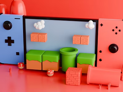 Electric Toys with Blue Pink Controllers Bricks Mushrooms and Green Bucket for Kids Play 3d model