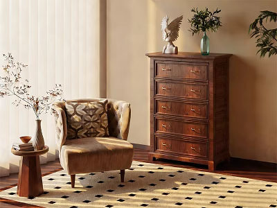 Beige Single Sofa With Patterned Cushion Near Small Side Table Wooden Dresser on Checkered Rug 3d model