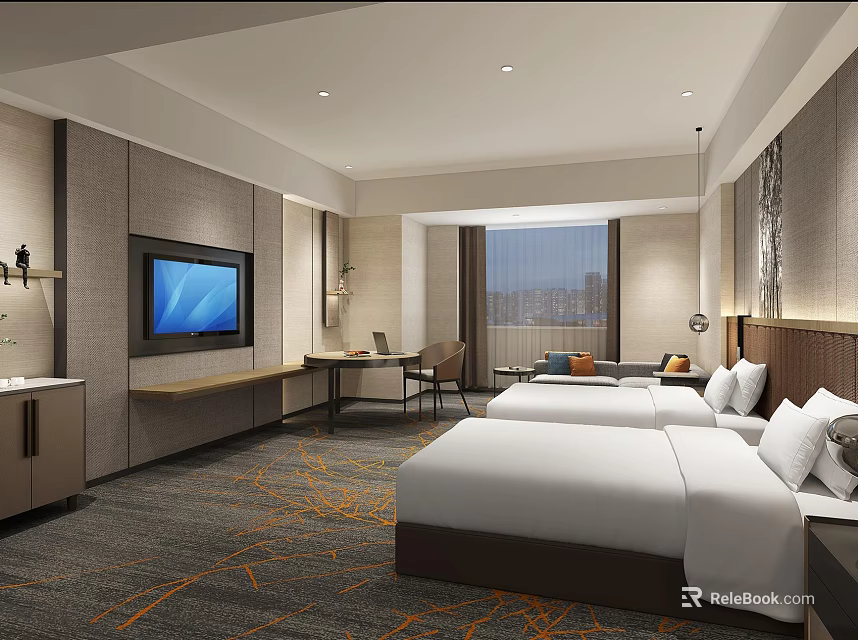 Modern Hotel Room Interior With Twin Beds Wall Mounted TV And City View Window 3d model 