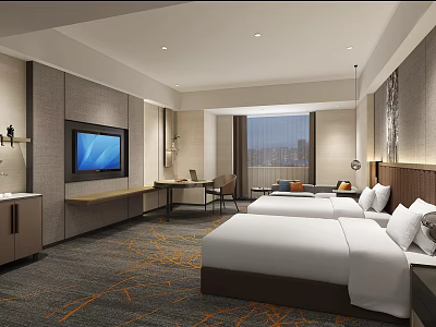 Modern Hotel Room Interior With Twin Beds Wall Mounted TV And City View Window 3d model