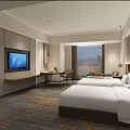 Modern Hotel Room Interior With Twin Beds Wall Mounted TV And City View Window