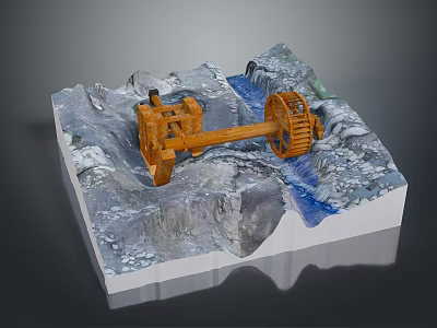 3D Model of Mountainous Terrain With Blue River And Orange Mechanical Structure 3d model