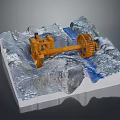3D Model of Mountainous Terrain With Blue River And Orange Mechanical Structure