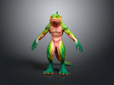 Fantasy Lizard Creature 3D Model With Green And Pink Muscular Body Standing Posture 3d model