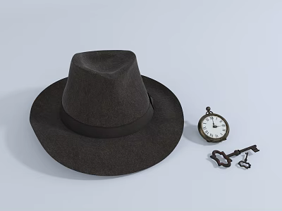 Brown Wide Brim Felt Hat With Vintage Pocket Watch And Antique Key 3d model