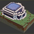 Pixelated Minecraft Style Building With Blue Rooftop Green Grass Gray Pathway And Stone Base 3d model