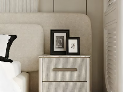 Minimalist Bedroom Nightstand With Framed Photos And Light Wood Drawer Design 3d model
