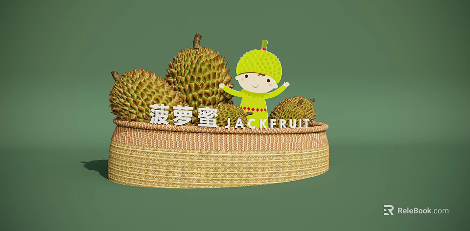 Fresh Ripe Jackfruit in Wicker Basket with Cute Cartoon Character 3d model 