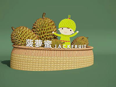 Fresh Ripe Jackfruit in Wicker Basket with Cute Cartoon Character 3d model