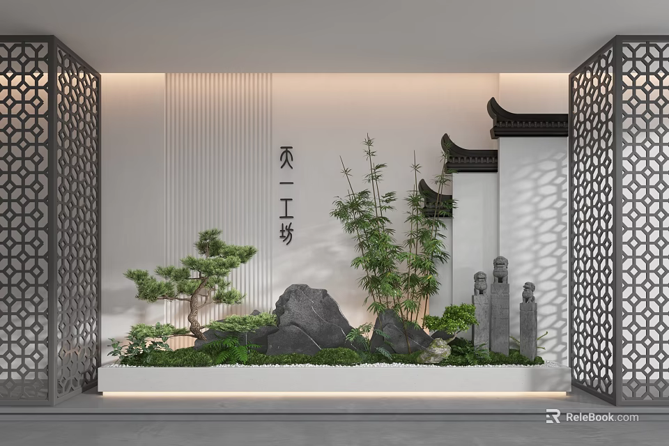 Traditional Chinese Background Wall With Bamboo Pine Rockery And Carved Screens 3d model 