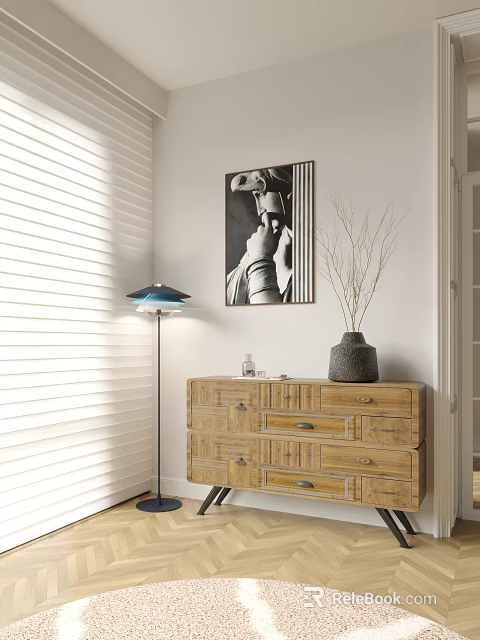Wooden Entryway Console Table With Drawers Floor Lamp Vase And Wall Art Near Blinds 3d model 