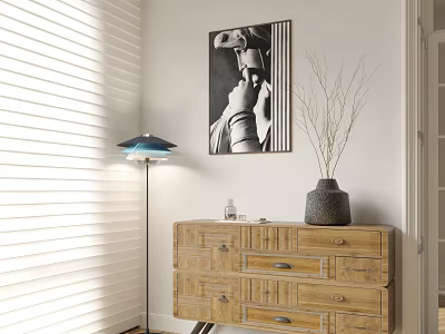 Wooden Entryway Console Table With Drawers Floor Lamp Vase And Wall Art Near Blinds 3d model