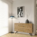Wooden Entryway Console Table With Drawers Floor Lamp Vase And Wall Art Near Blinds