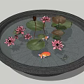 Round Garden Ornament With Pink Lotus Flowers And Lily Pads In Water