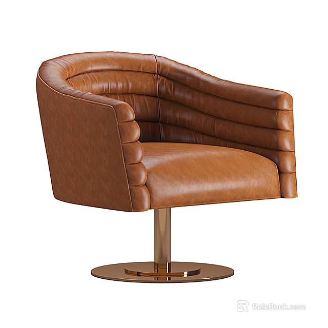 Modern Elegant Brown Leather Single Sofa With Curved Design Pleated Armrests And Metal Round Base 3d model 