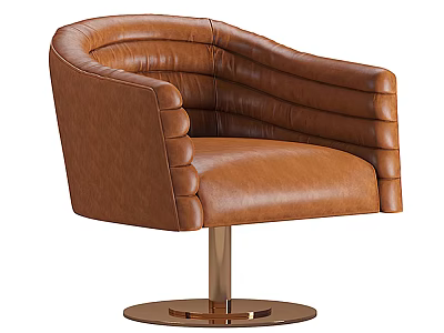 Modern Elegant Brown Leather Single Sofa With Curved Design Pleated Armrests And Metal Round Base 3d model
