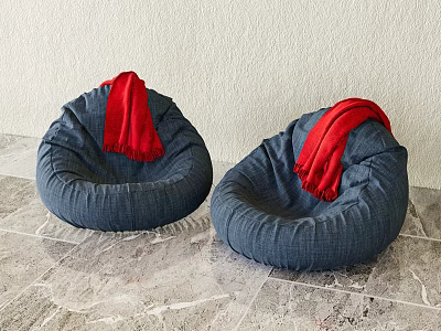 Two Blue Bean Bag Chairs With Red Scarves On Marble Floor And Light Wall 3d model