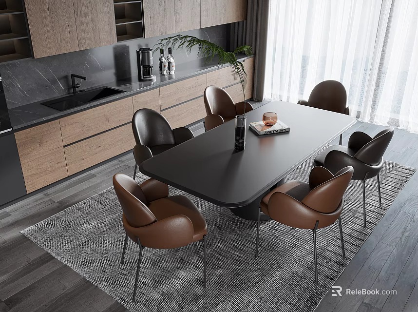 Modern Dining Table Set With Six Brown Chairs And Wooden Kitchen Cabinets 3d model