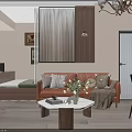 Warm Modern Living And Dining Room With Orange Sofa Marble Coffee Table And Wood Accents