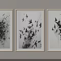 Black And White Abstract Paintings Featuring Bird Motifs Framed As Three Wall Art