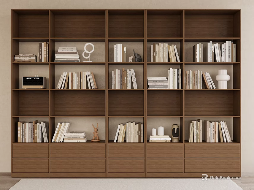 Modern Wooden Bookcase With Multiple Shelves Drawers Books And Decorations 3d model 