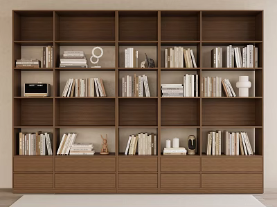 Modern Wooden Bookcase With Multiple Shelves Drawers Books And Decorations 3d model