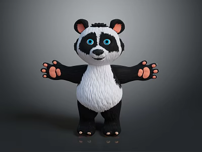 Cartoon Style Panda Game Movie Character With Big Blue Eyes Open Arms Black White Design 3d model