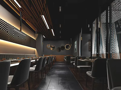 Modern Restaurant Interior Design With Long Tables Black Chairs Wooden Ceiling And Geometric Wall Decor 3d model