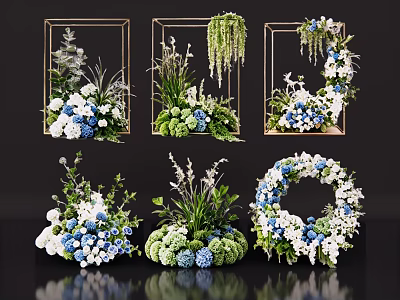 Elegant Floral Arrangements With Frame Hanging Wreath Blue White Green Flowers Greenery 3d model