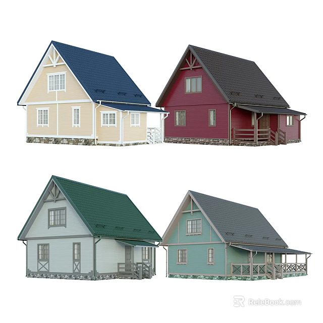 Colorful Detached House Exteriors With Blue Red Green Gray Roofs And Wooden Porches 3d model 