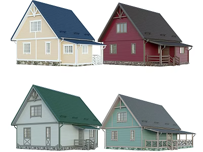 Colorful Detached House Exteriors With Blue Red Green Gray Roofs And Wooden Porches 3d model