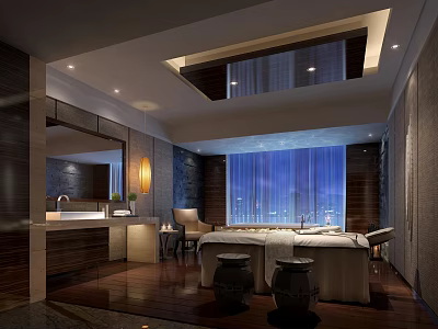 Luxurious SPA Sauna Room with Wooden Floors Large Windows and Massage Table 3d model