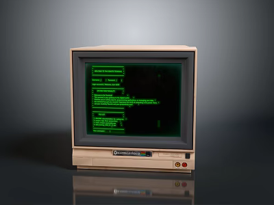 Vintage Computer Monitor Displaying Green Code Text And Wooden Frame Design 3d model