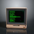 Vintage Computer Monitor Displaying Green Code Text And Wooden Frame Design