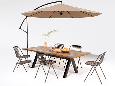 Outdoor Wooden Dining Table with Metal Frame Umbrella Chairs and Fruit Vase 3d model