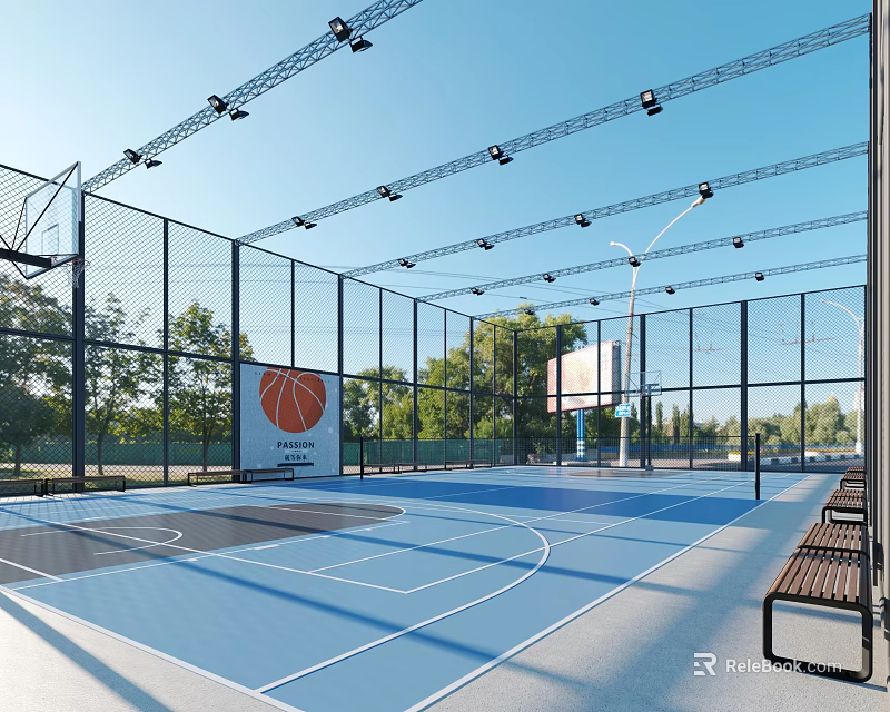 Outdoor Basketball Court With Blue Surface White Lines Hoops Fencing Lights Benches And Green Trees 3d model 