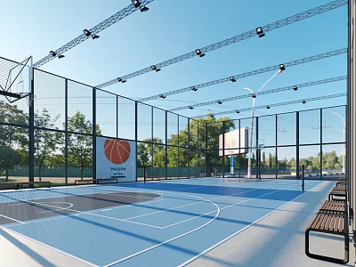 Outdoor Basketball Court With Blue Surface White Lines Hoops Fencing Lights Benches And Green Trees 3d model
